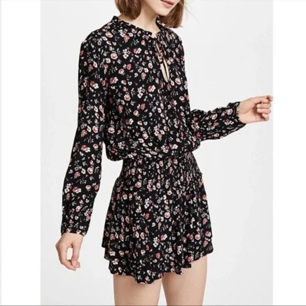 Rails Black Floral 'Romee' Pink Rose Smocked Mini Ruffle Hem Dress Size Small